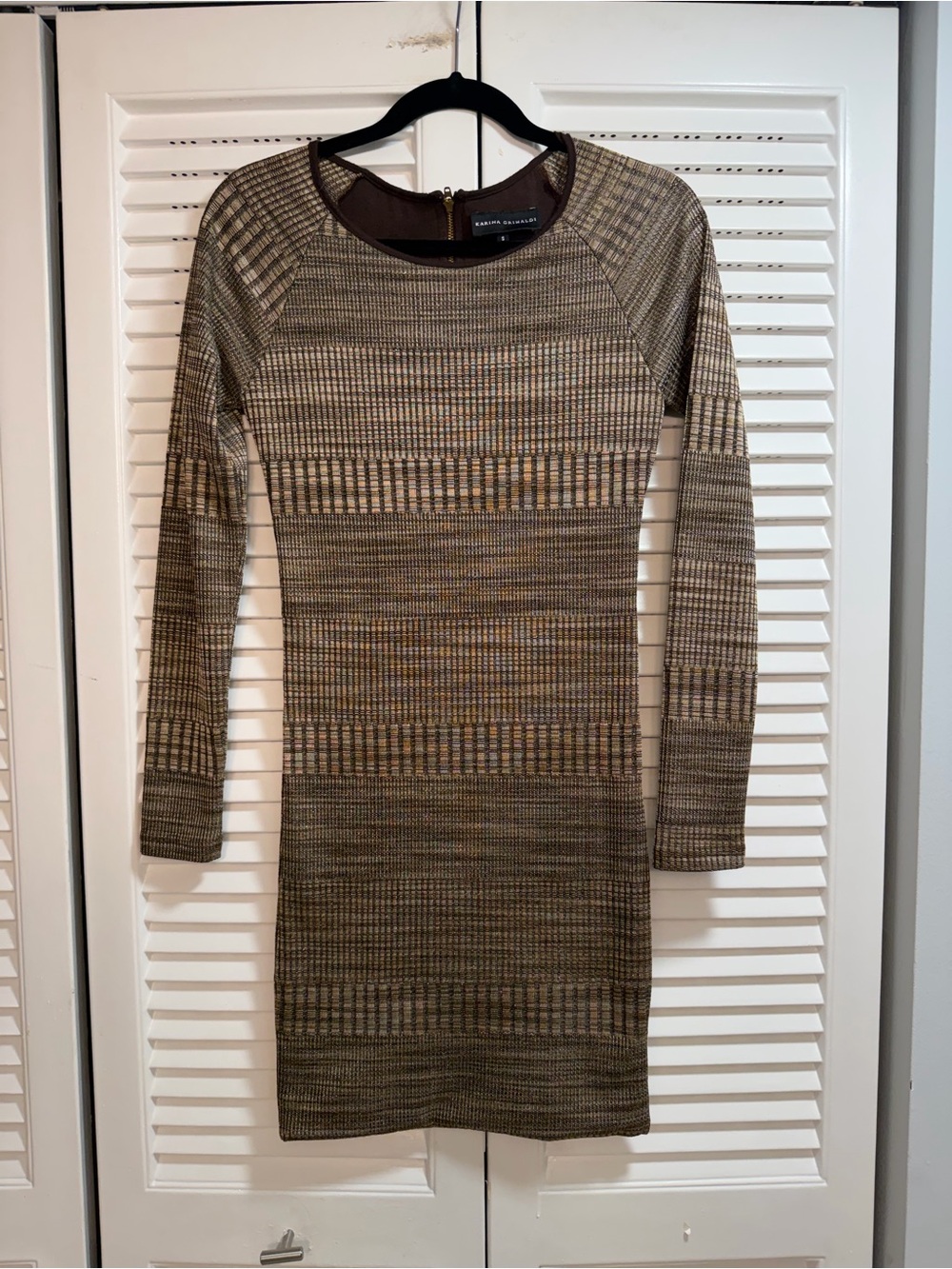 Karina Grimaldi Gold Metallic And Brown Ribbed Long-Sleeve Knit Dress